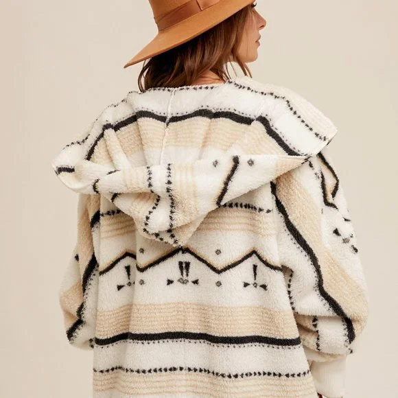 New Cozy Oversized Teddy Hooded Cardigan Sweater Coat / Western Southwest - Picture 1 of 8